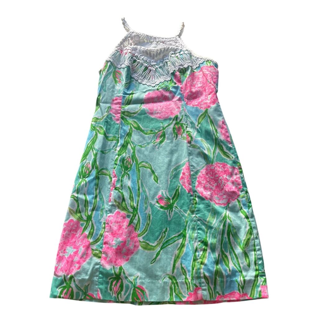 LILLY PULITZER 2‎ Small Crochet Top High Nevk Pink Green Mini Sheath Dress